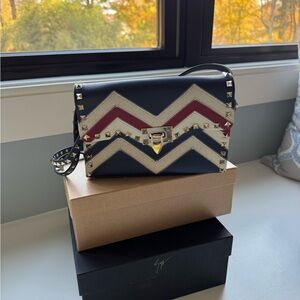 RED Valentino Black and Cream Chevron Crossbody Bag